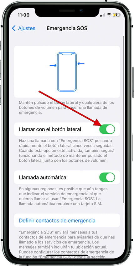 Llamada emergencia con botón lateral iPhone 13